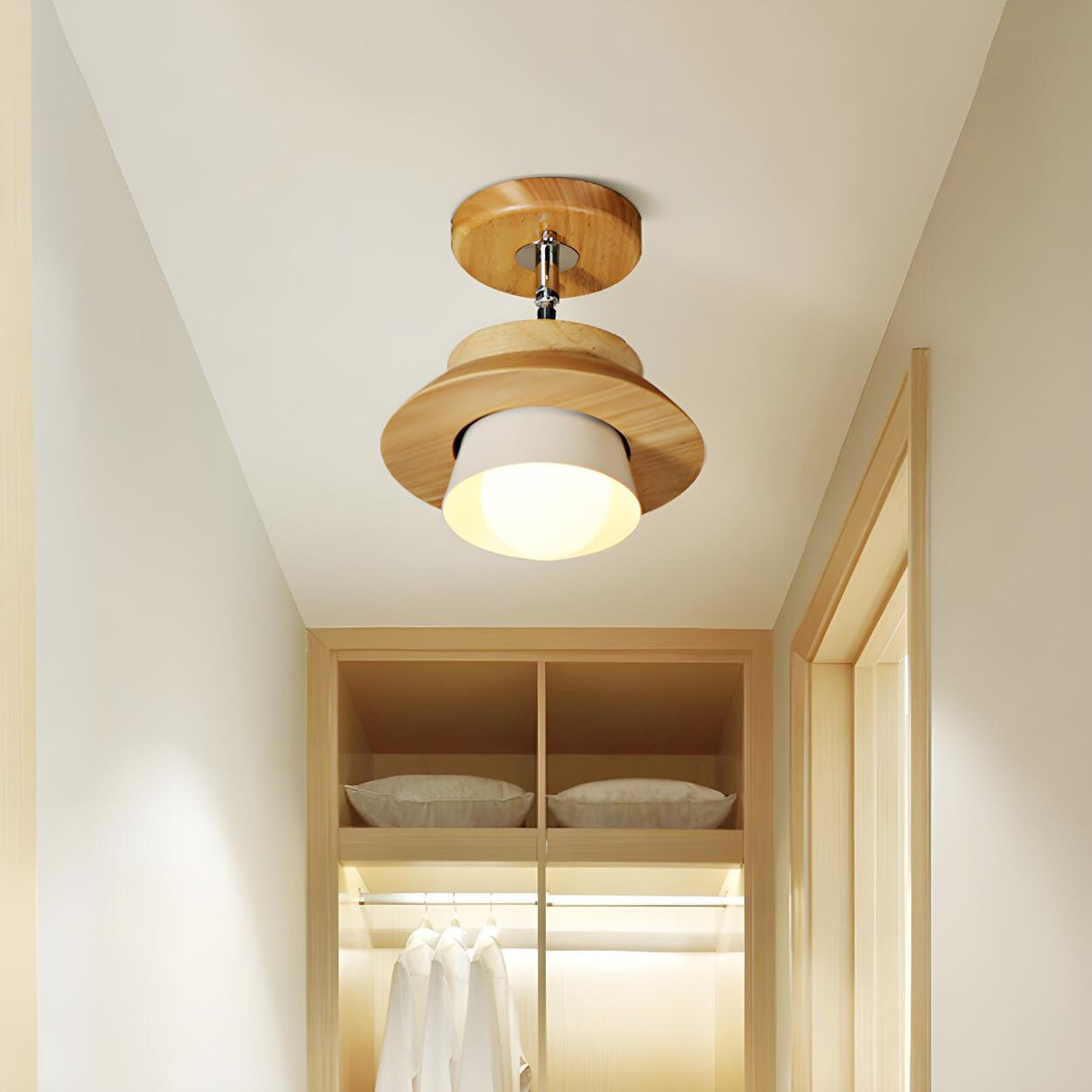 Natural Wooden Cap Rotatable Semi-Flush Mount Light Image - 3