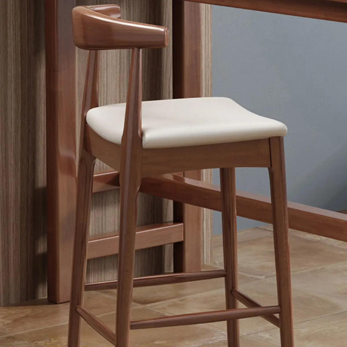 Natural Wooden Counter Seat Leather Armless Bar Stool Image - 9