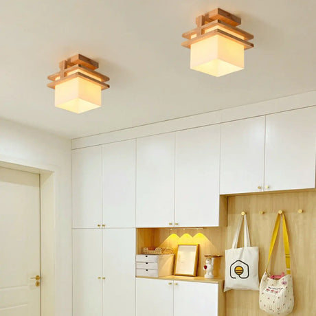 Natural Wooden Cube Semi-Flush Mount Ceiling Light Image - 2