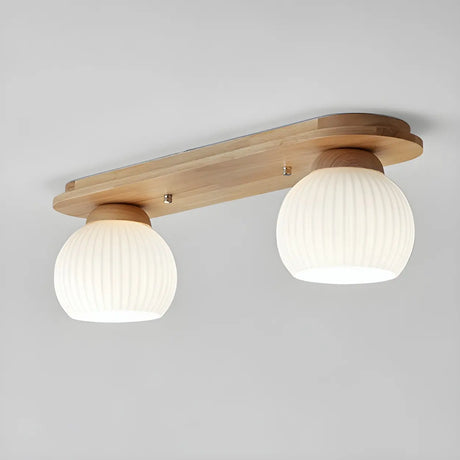 Natural Wooden Dome Glass Flush Mount Light 3-Light Image - 2