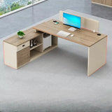 Natural Wooden Drawers Hutch L-Shaped Writing Desk Image - 1