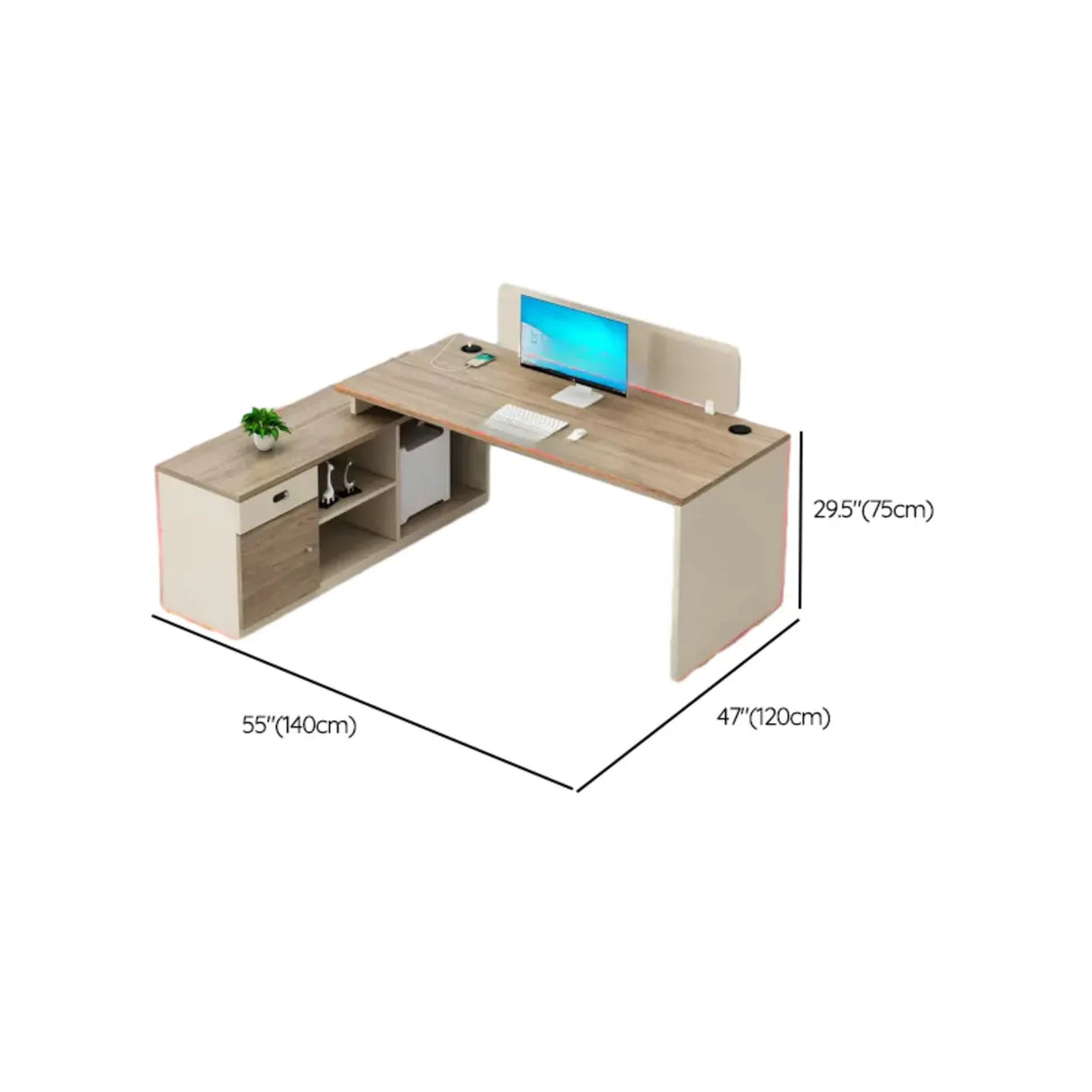 Natural Wooden Drawers Hutch L-Shaped Writing Desk Image - 17