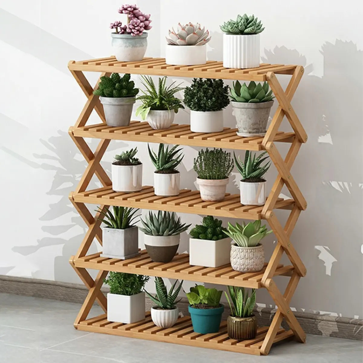 Natural Wooden Foldable Multi-Tier Crate Plant Stand Image - 16