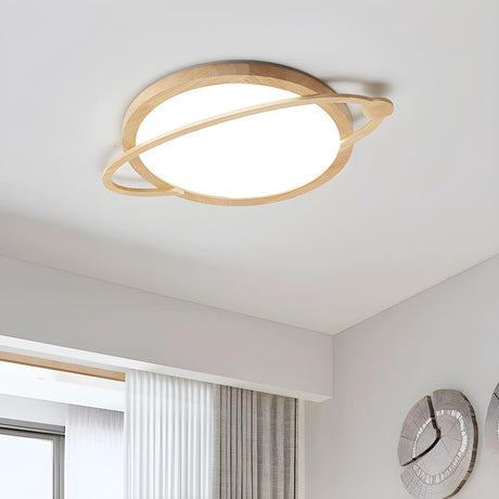 Natural Wooden Saturn LED Flush Mount Ceiling Light Image - 1