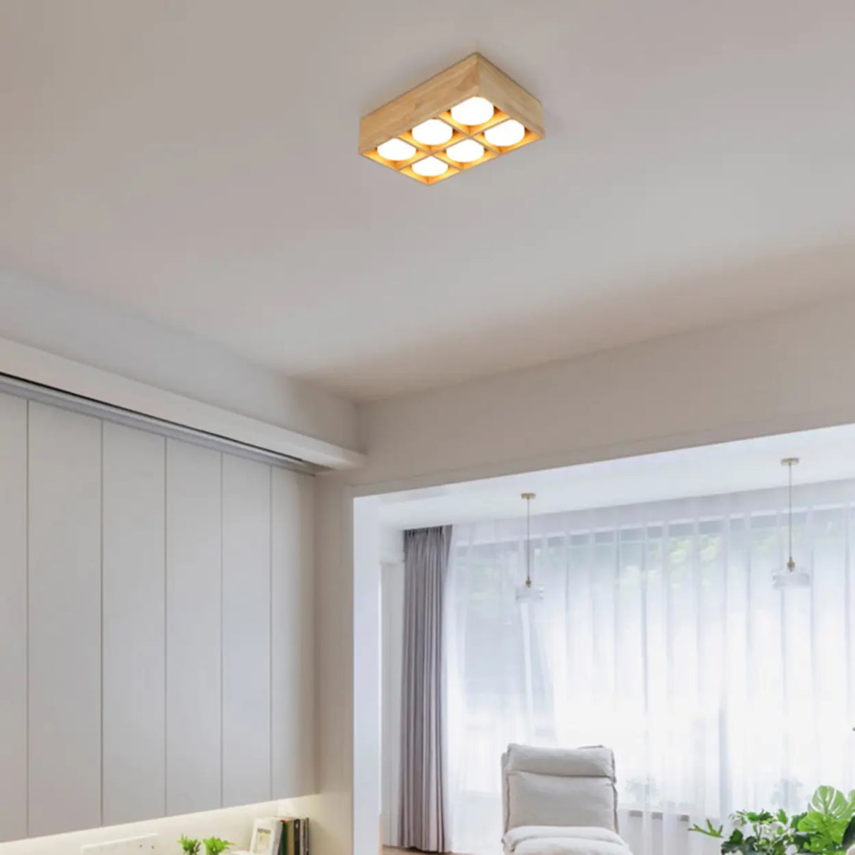 Natural Wooden Square Flush Mount Ceiling Light 4-Light Image - 4