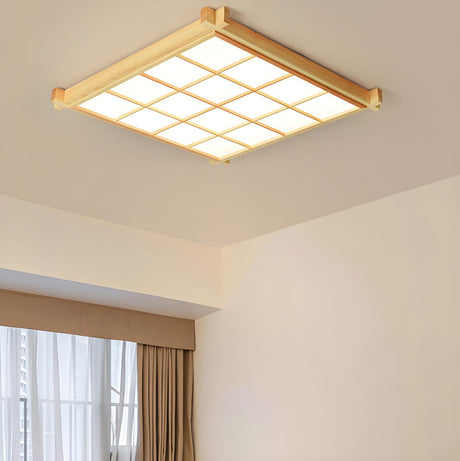 Natural Wooden Square Grid LED Flush Mount Ceiling Lamp Image - 1