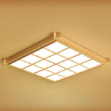 Natural Wooden Square Grid LED Flush Mount Ceiling Lamp Image - 2