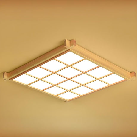 Natural Wooden Square Grid LED Flush Mount Ceiling Lamp Image - 2