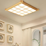 Natural Wooden Square Grid LED Flush Mount Ceiling Lamp Image - 3