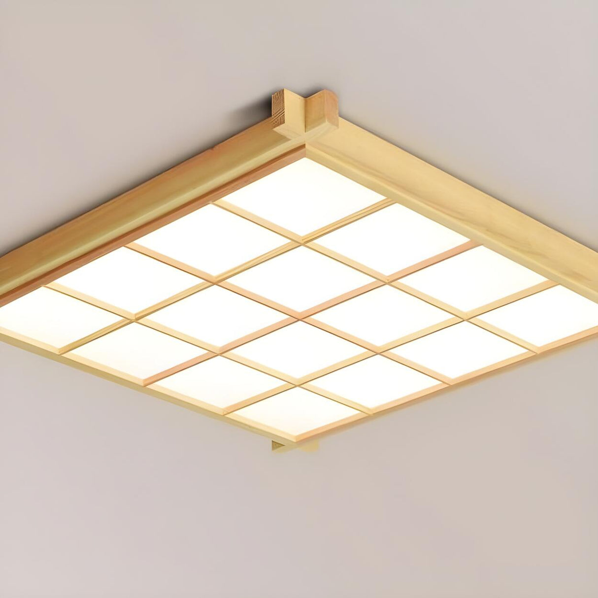 Natural Wooden Square Grid LED Flush Mount Ceiling Lamp Image - 8