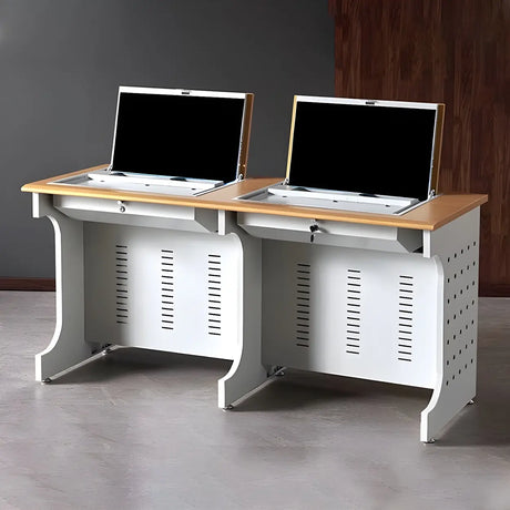 Natural Wooden White Sled Base Double Computer Desk Image - 1