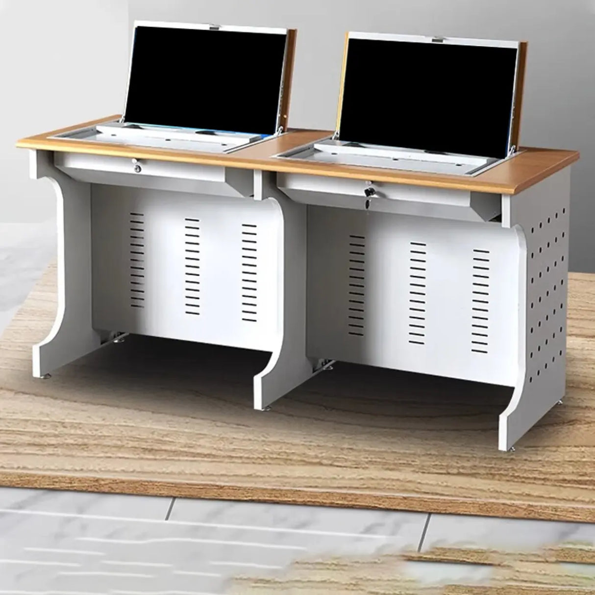 Natural Wooden White Sled Base Double Computer Desk Image - 3