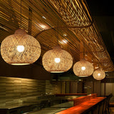 Natural Woven Rattan Globe Lantern Restaurant Pendant Light Image - 1