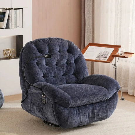 Navy Tufted Fabric Back Movement Wood Swivel Recliner Image - 1