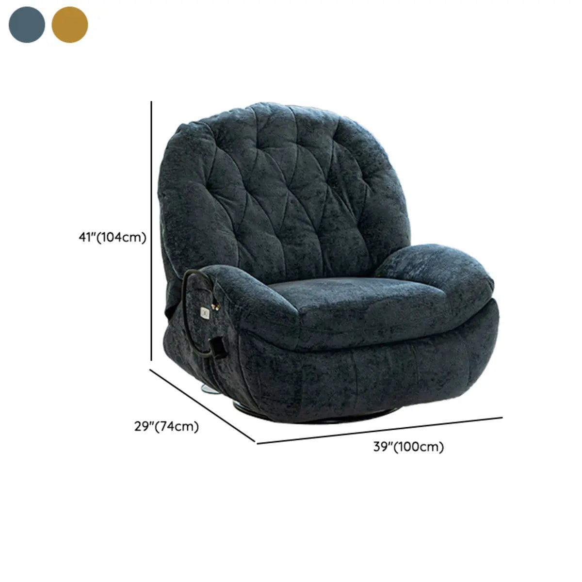 Navy Tufted Fabric Back Movement Wood Swivel Recliner 