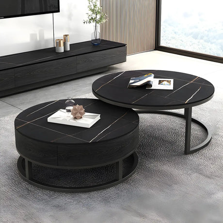 Nesting Stone Round Iron Base Coffee Table with Drawers Image - 2