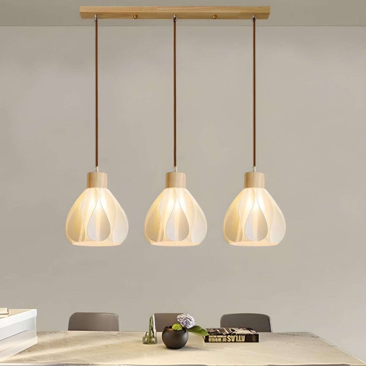 Nordic 3-Light Petal Wooden Island Pendant Light Image - 3