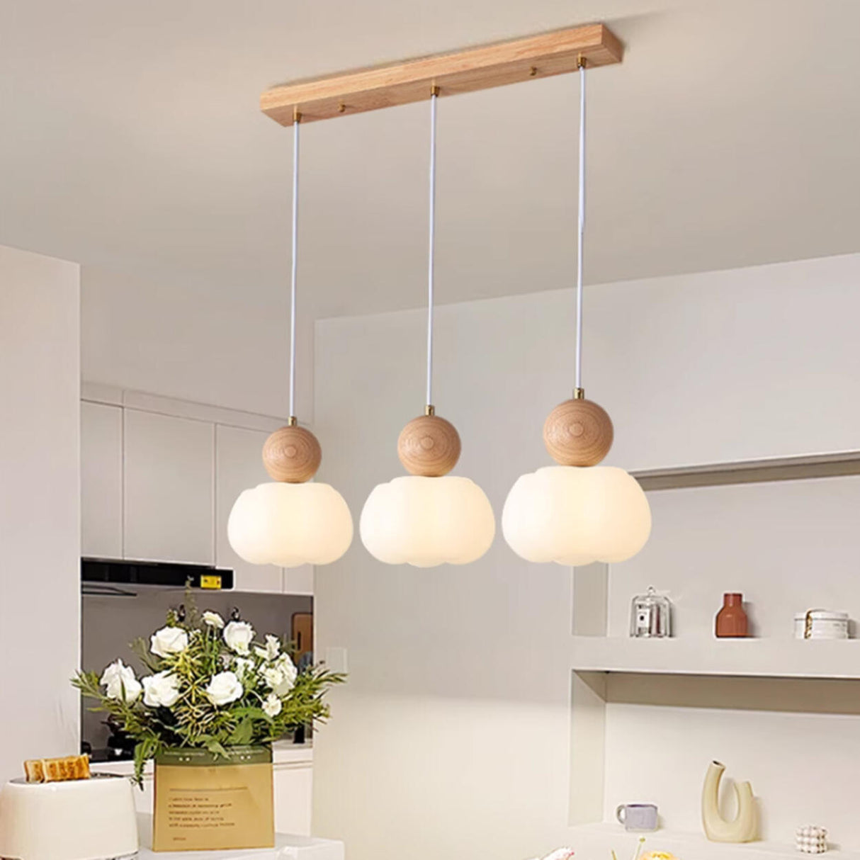 Nordic 3-Light Pumpkin Wooden Island Pendant Light Image - 1