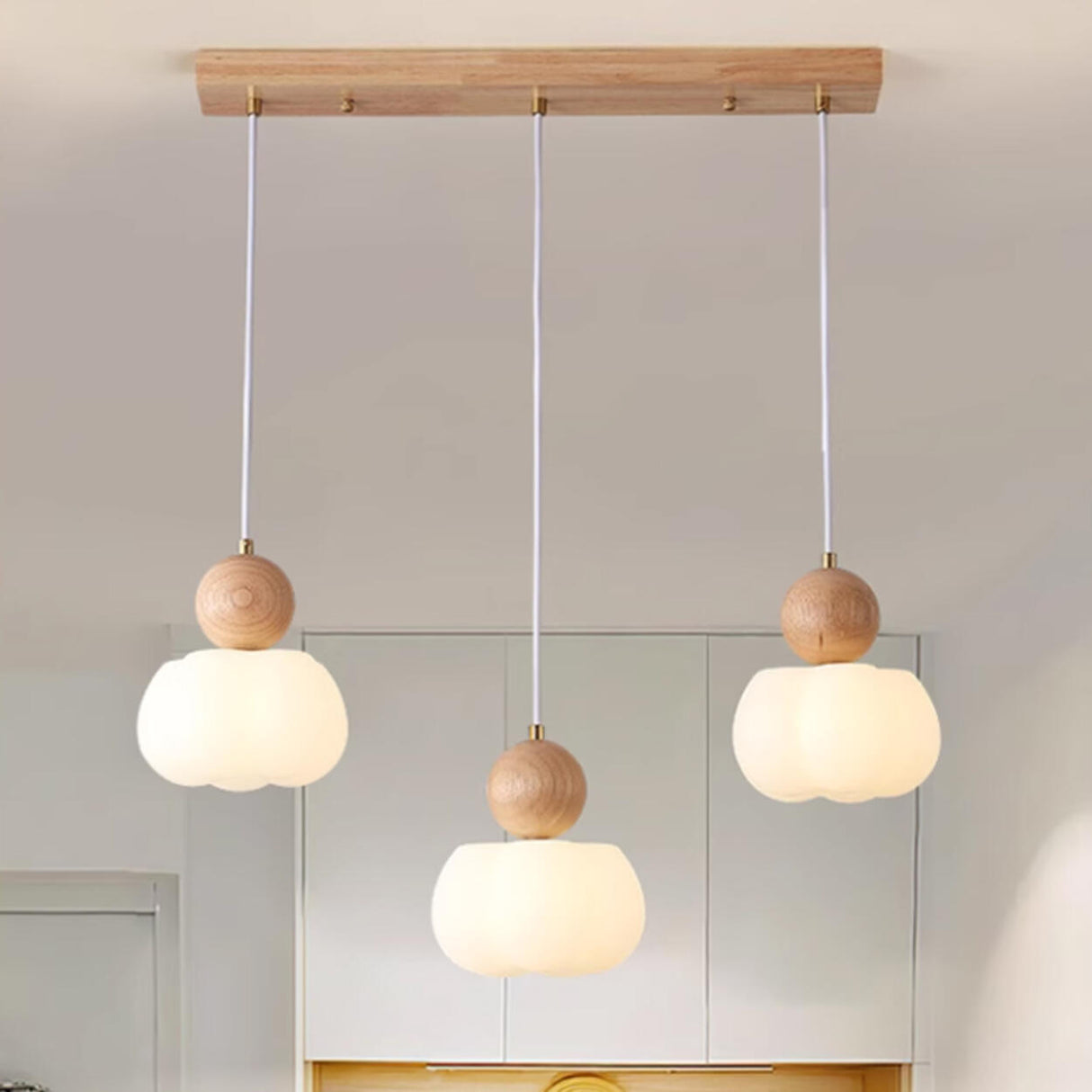 Nordic 3-Light Pumpkin Wooden Island Pendant Light Image - 3