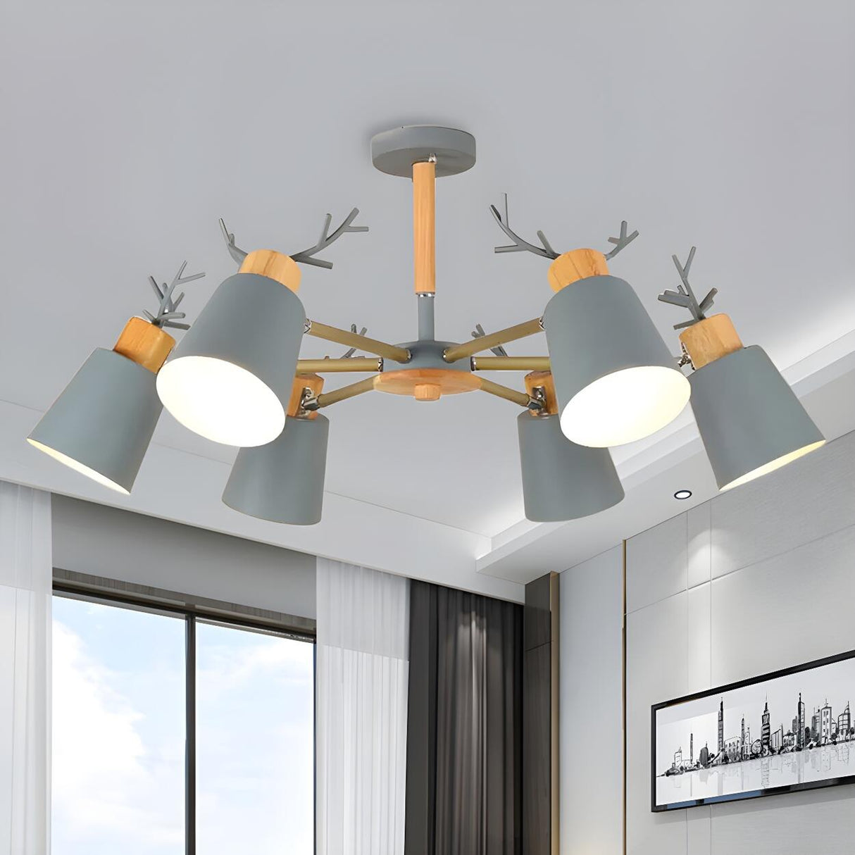 Nordic Antler Gray Metal Bucket Semi Ceiling Chandelier Image - 1