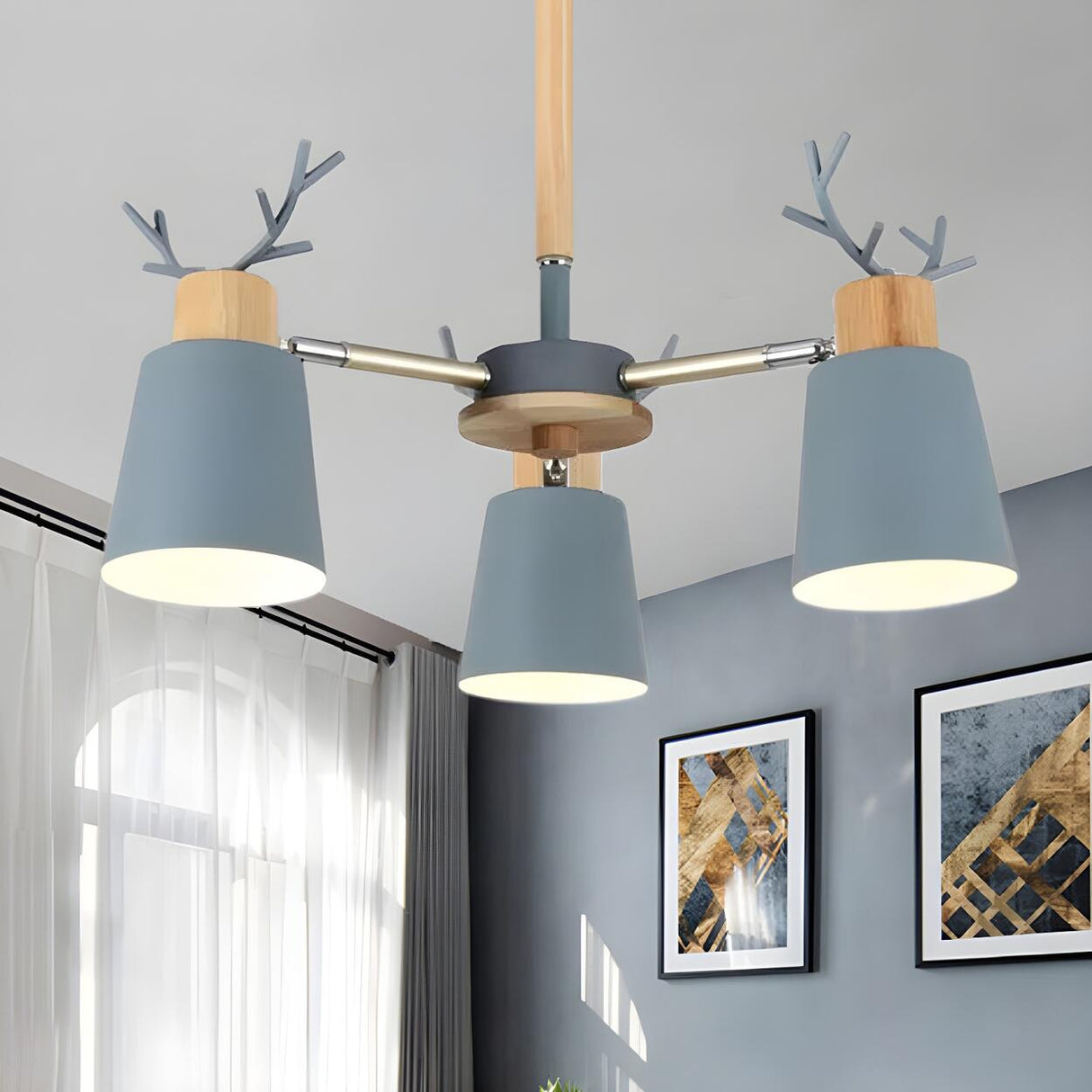 Nordic Antler Gray Metal Bucket Semi Ceiling Chandelier Image - 5