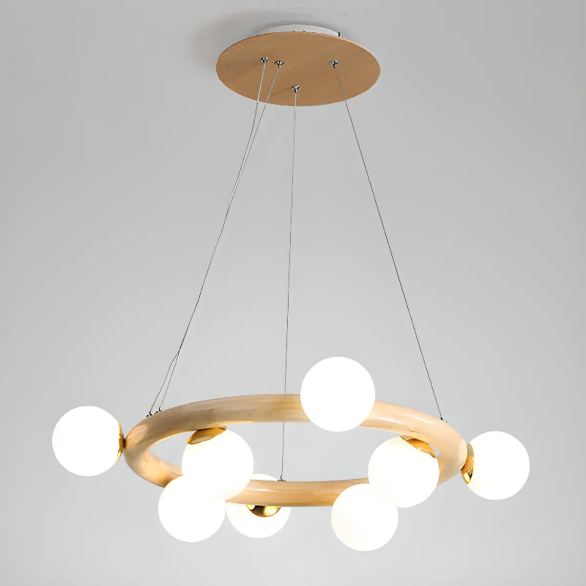 Nordic Circular Wood Ball Bedroom 10 Lights Chandelier Image - 2