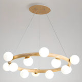 Nordic Circular Wood Ball Bedroom 10 Lights Chandelier Image - 5