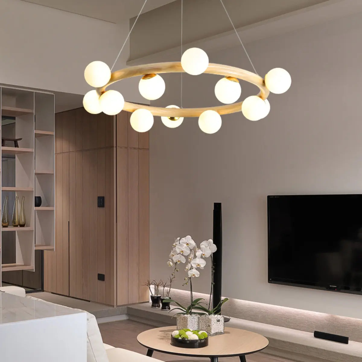 Nordic Circular Wood Ball Bedroom 10 Lights Chandelier Image - 6