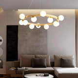 Nordic Circular Wood Ball Bedroom 10 Lights Chandelier Image - 7