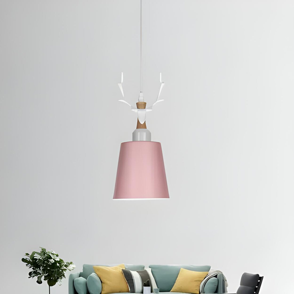 Nordic Colorful Metal Bucket Antler Kids Room Pendant Light Image - 6