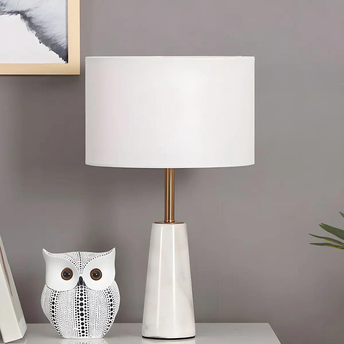 Nordic Conical Drum Marble Bedside White Table Lamp Image - 1