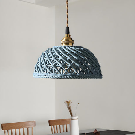 Nordic Dining Room Blue Dome Woven Ceramic Pendant Light Image - 1