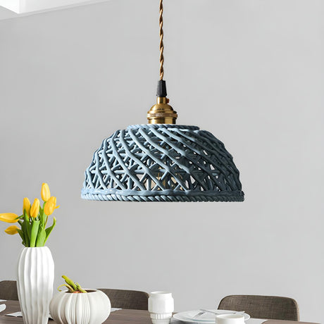 Nordic Dining Room Blue Dome Woven Ceramic Pendant Light Image - 2