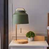 Nordic Elegant Green Bucket Shade Wood Base Table Lamp Image - 1