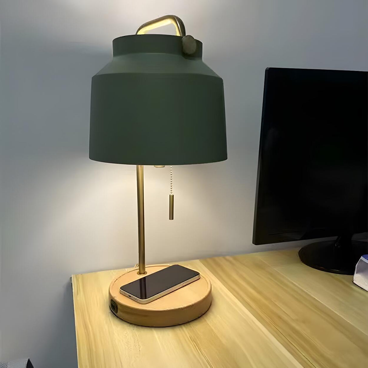 Nordic Elegant Green Bucket Shade Wood Base Table Lamp Image - 14