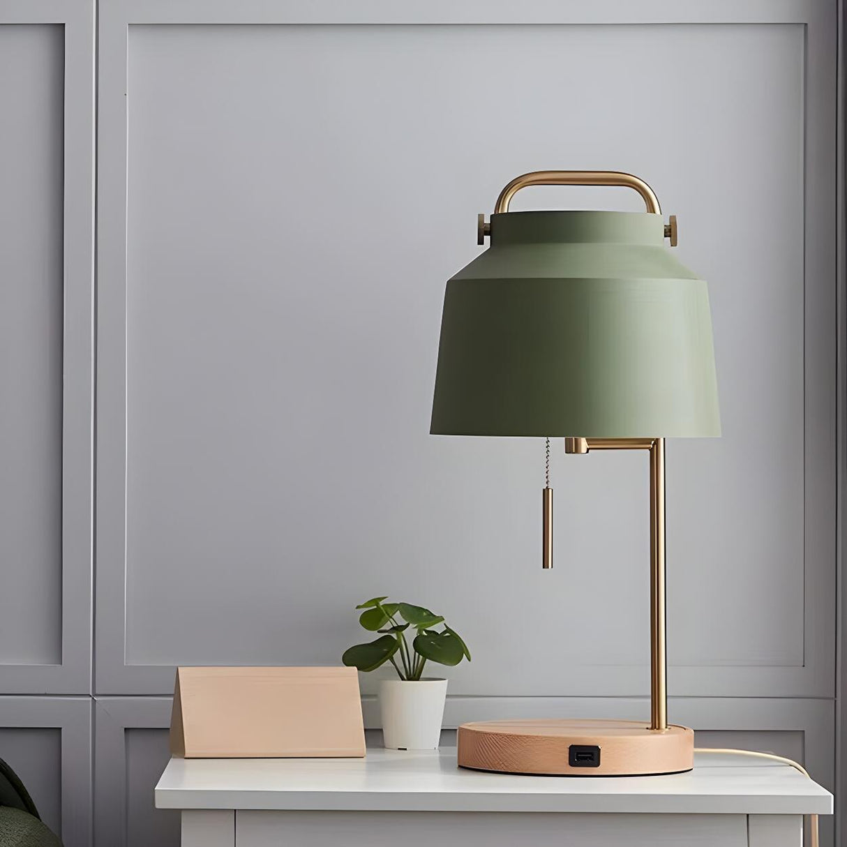 Nordic Elegant Green Bucket Shade Wood Base Table Lamp Image - 17