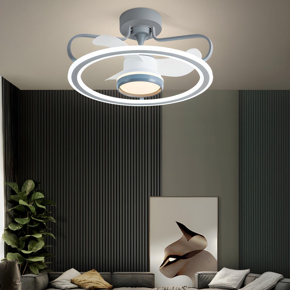 Nordic Fashion Ring Metal Ceiling Fan with LED Light Image - 5