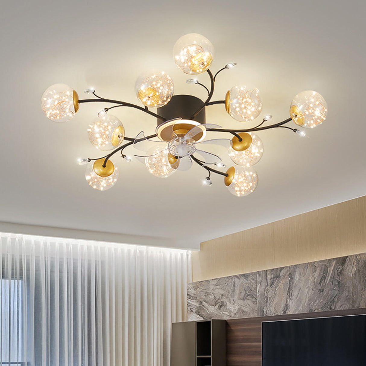 Nordic Flower Branch Ball Decor Ceiling Fan with Light Image - 1