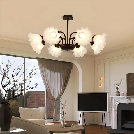 Nordic Flower Glass Living Room Large Black Chandelier Image - 1