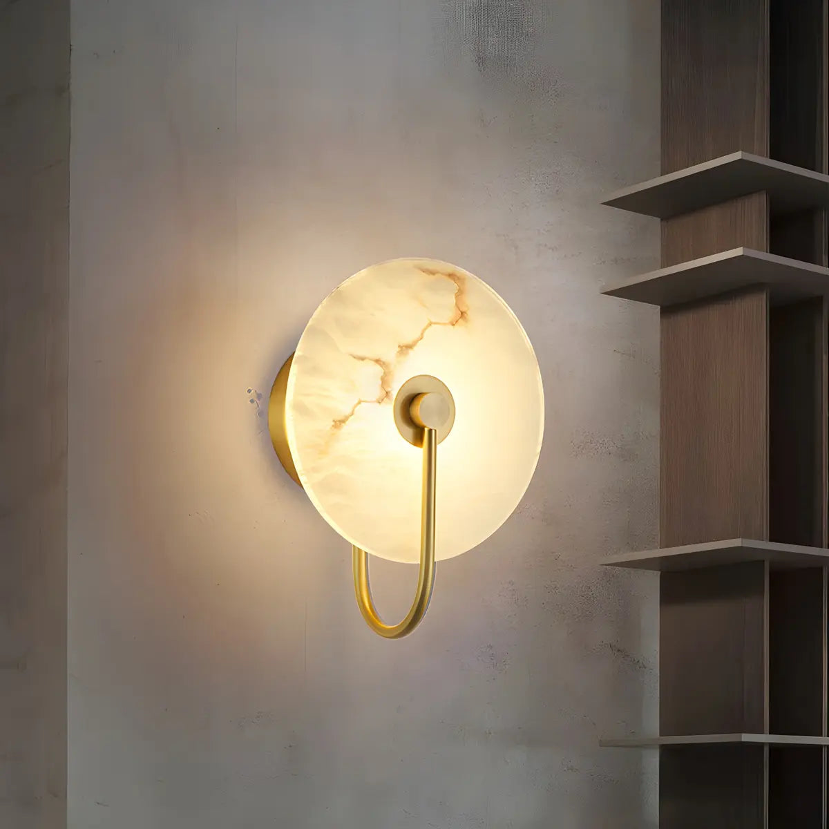 Nordic Gold Round Alabaster Living Room LED Wall Sconce Image - 3