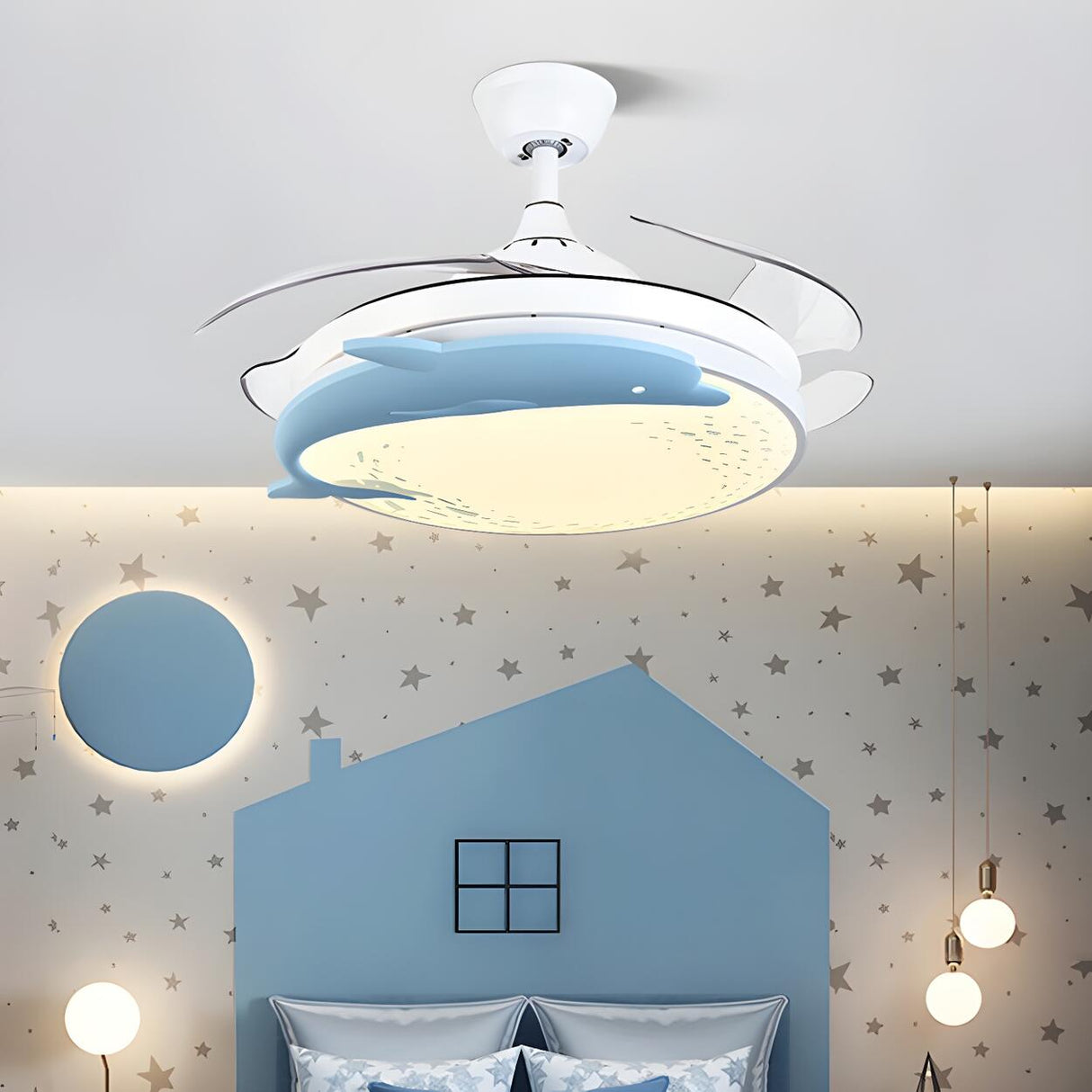 Nordic Kids Room Dolphin LED Ceiling Fan with Light Image - 17