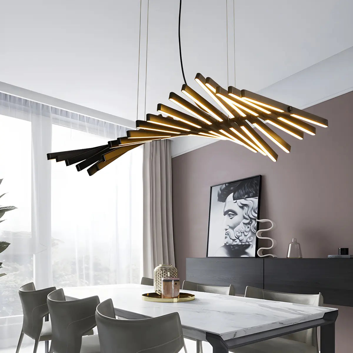 Nordic LED Fish-Bone Metal Black Pendant Island Light Image - 1