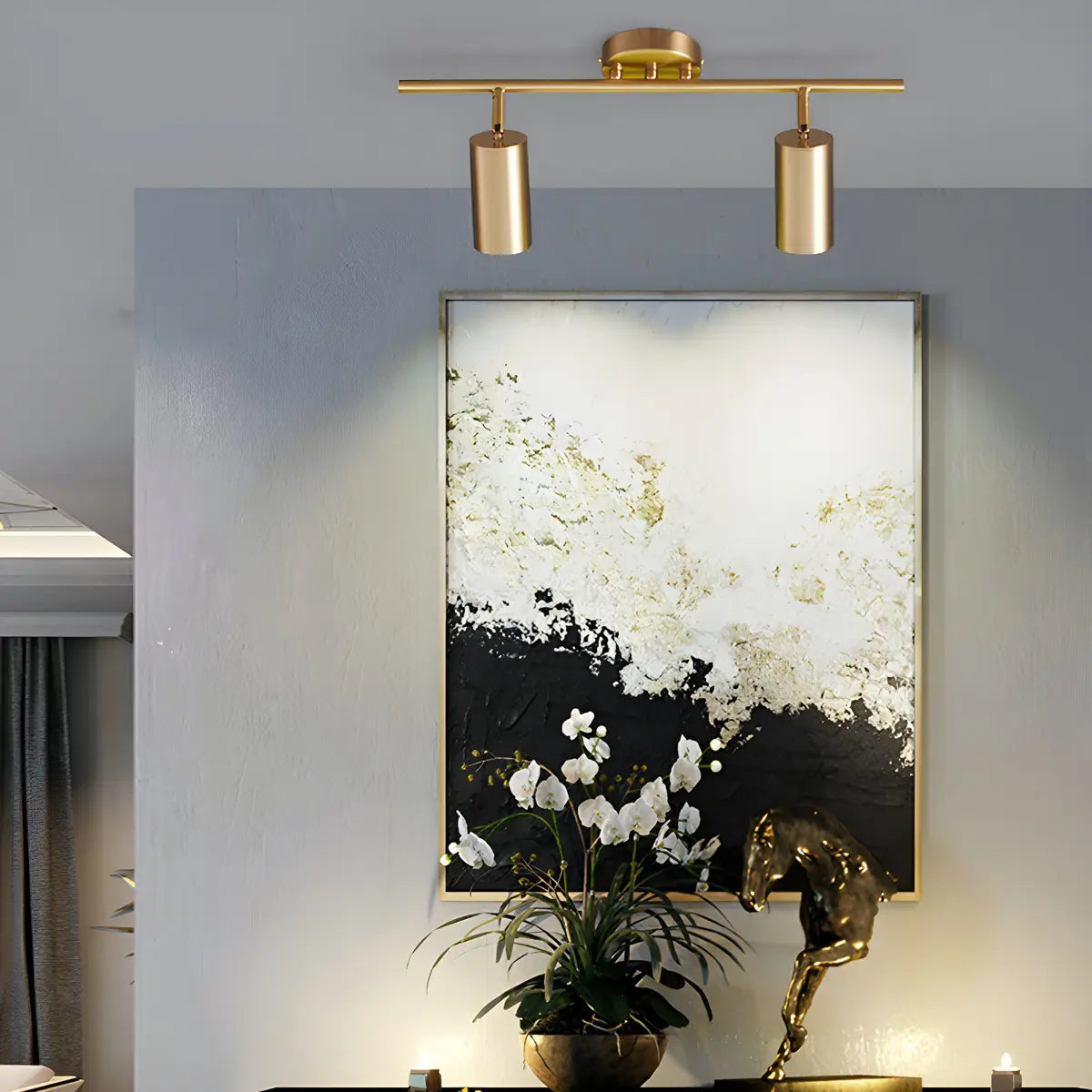 Nordic Luxury Gold Semi-Flush Linear Metal Track Light Image - 1