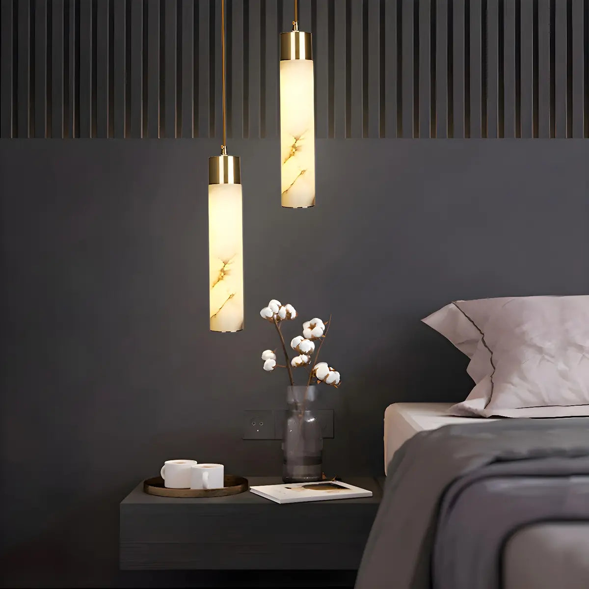 Nordic Marble Alabaster Cylinder Bedroom Pendant Light Image - 1