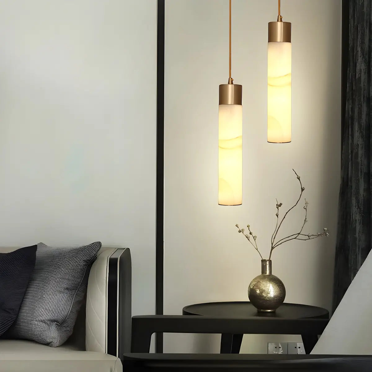 Nordic Marble Alabaster Cylinder Bedroom Pendant Light Image - 2