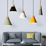 Nordic Modern Yellow Cone Wood Pendant Light Living Room Image - 19