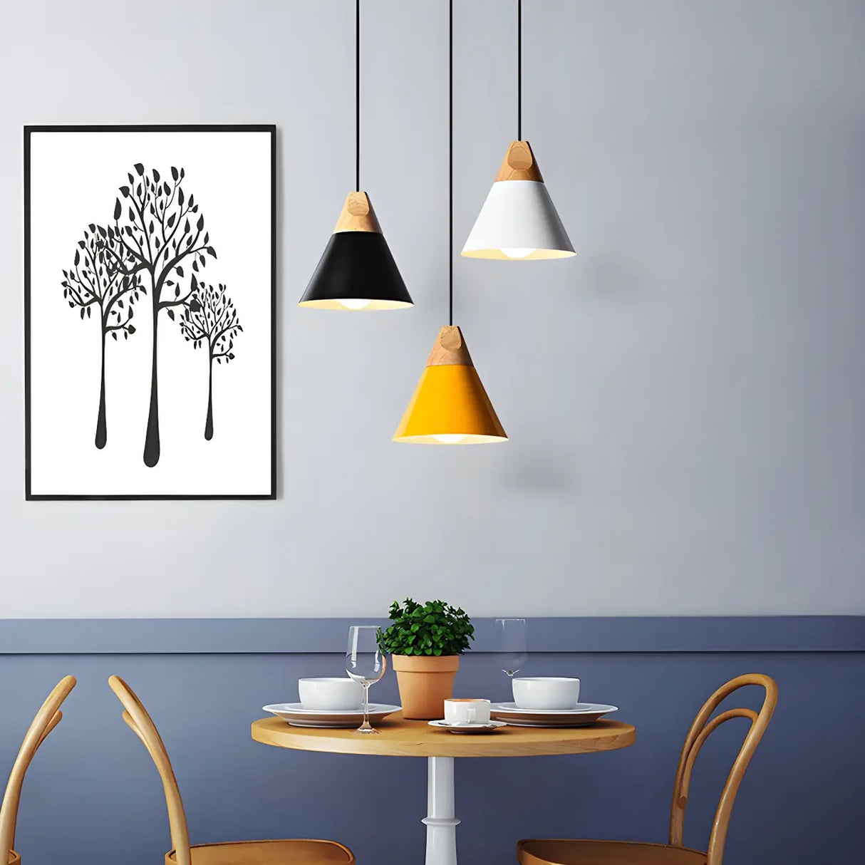 Nordic Modern Yellow Cone Wood Pendant Light Living Room Image - 24