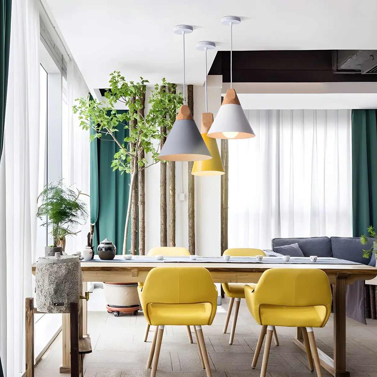 Nordic Modern Yellow Cone Wood Pendant Light Living Room Image - 26