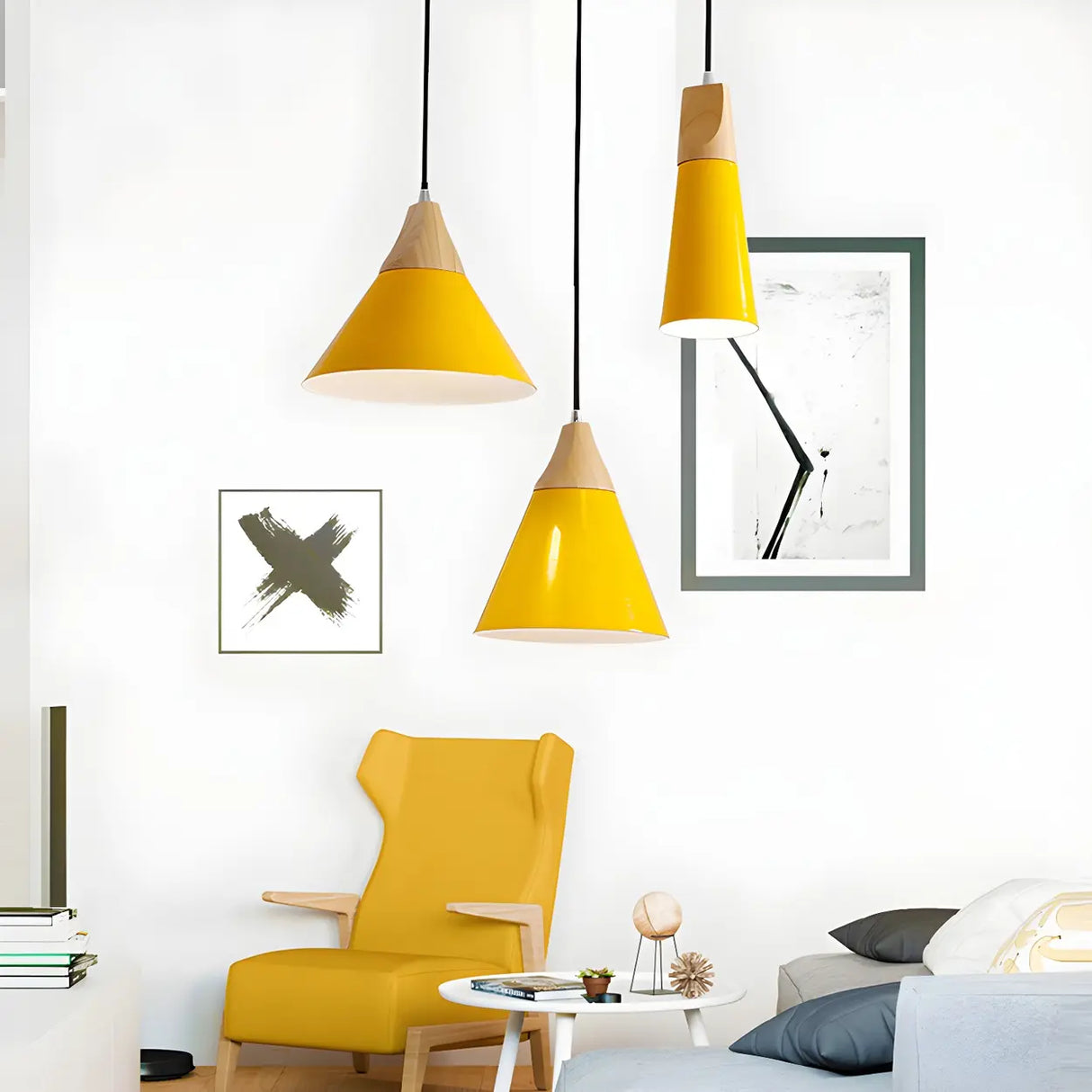 Nordic Modern Yellow Cone Wood Pendant Light Living Room Image - 6