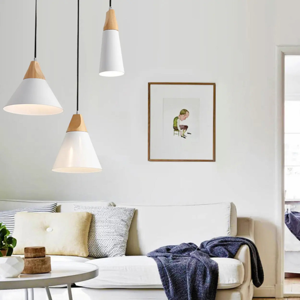 Nordic Modern Yellow Cone Wood Pendant Light Living Room Image - 7